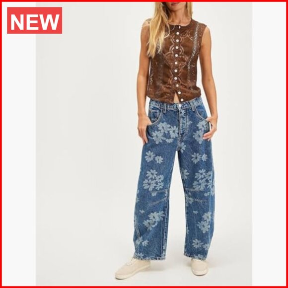 Mid Rise Baggy Barrel Jeans Floral Printed Wide Leg Denim Ankle Pants - Picture 3 of 7